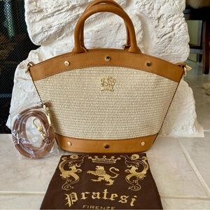 NWT Pratesi Firenze Italian raffia and handmade leather tote bag/crossbody